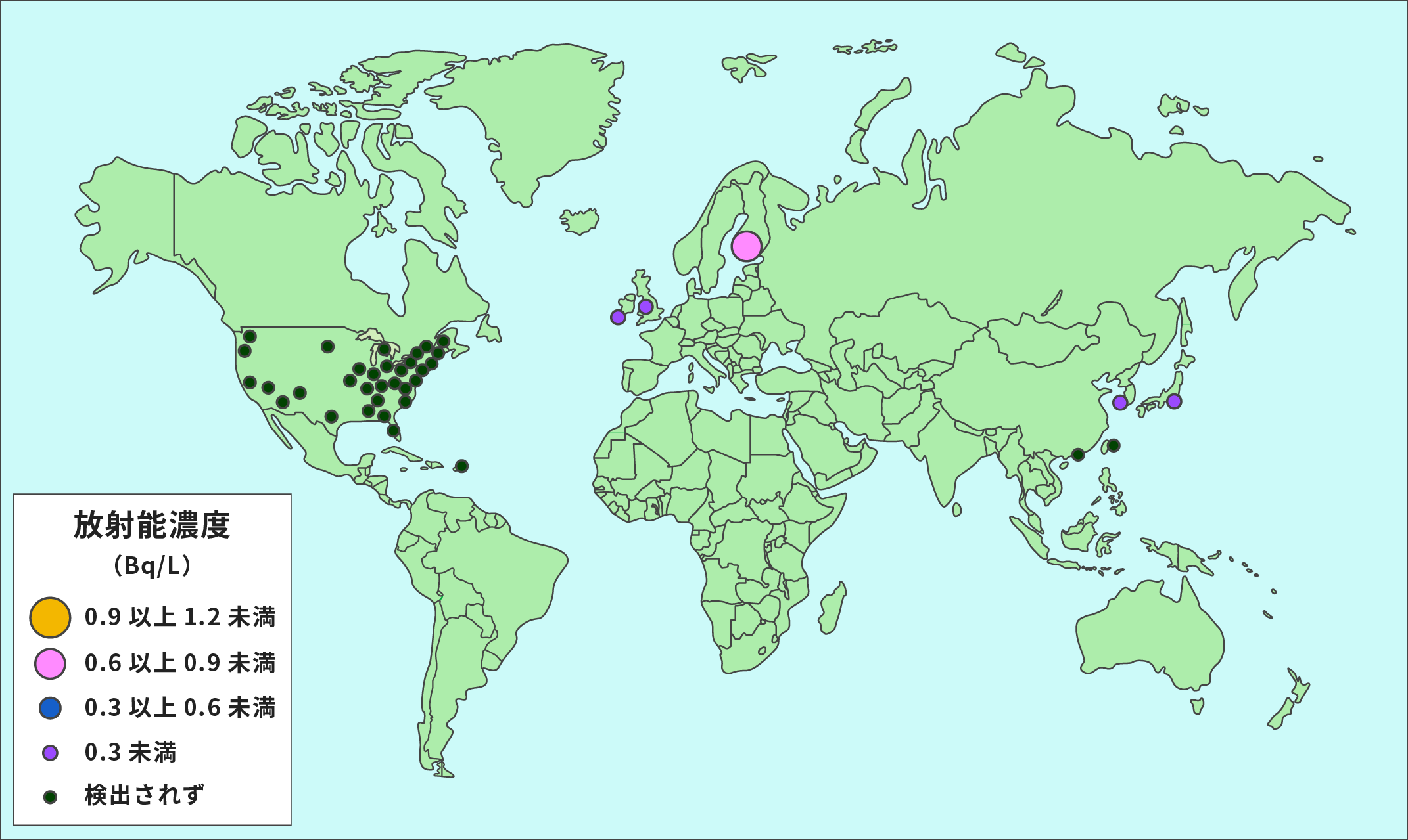 世界各地の牛乳中のCs-137（2000年）の調査結果