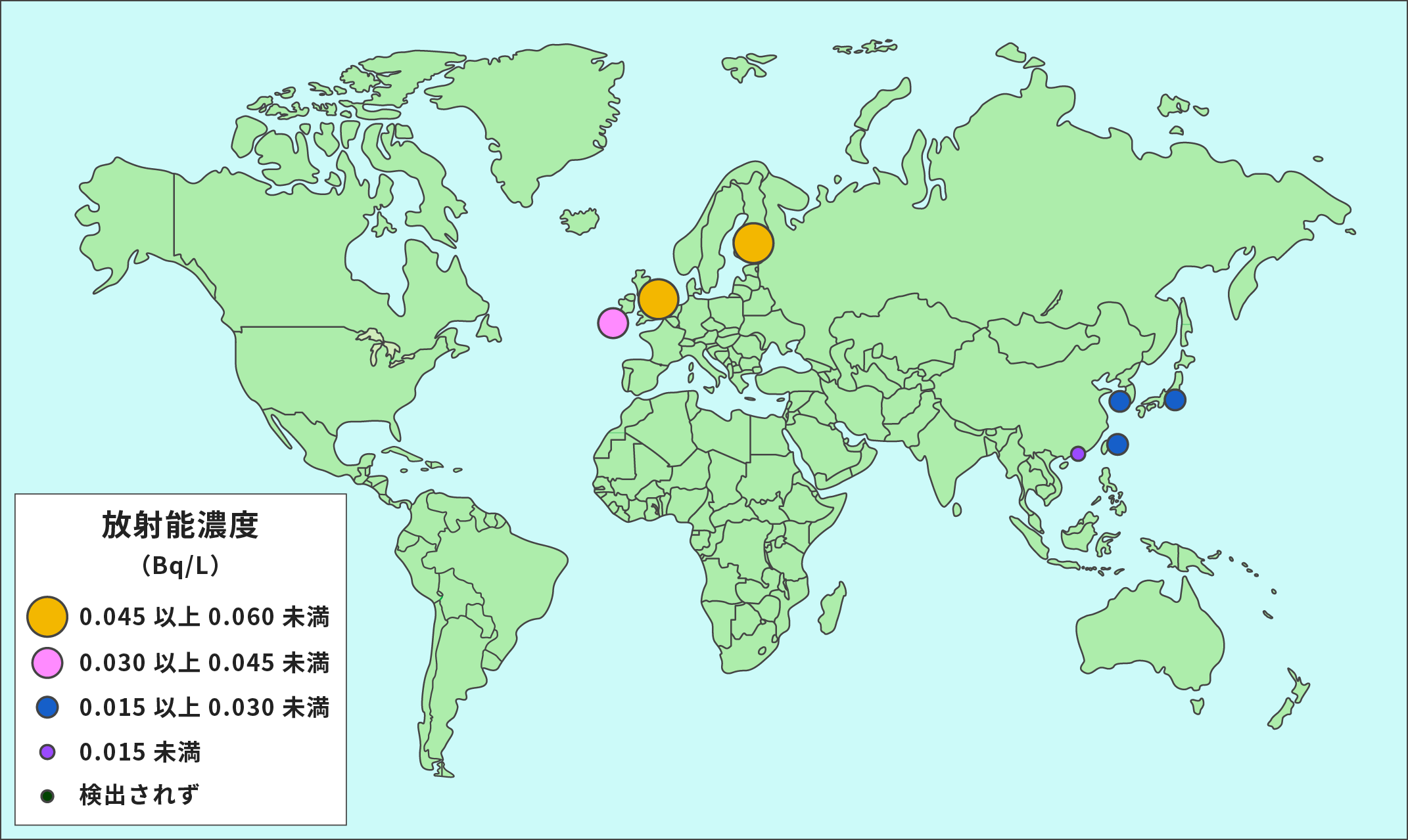 世界各地の牛乳中のSr-90（2000年）の調査結果